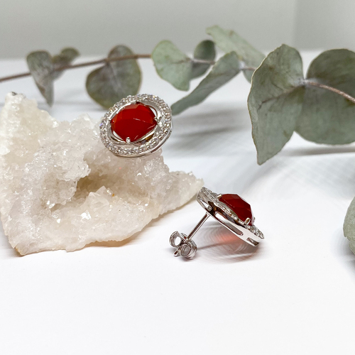 Náušnice s broušeným karneolem a zirkony ~ stříbro  1