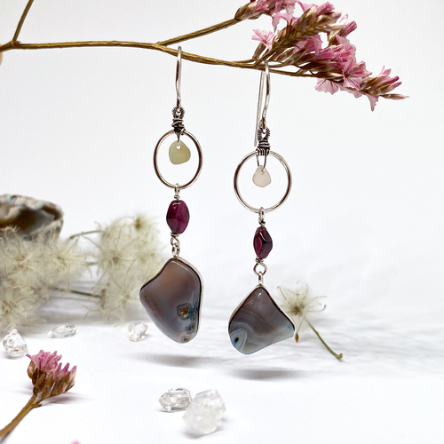 Stříbrné visací náušnice ~ Achát, Perleť, Almandin Stříbrné visací náušnice ~ Achát, Perleť, Almandin 1