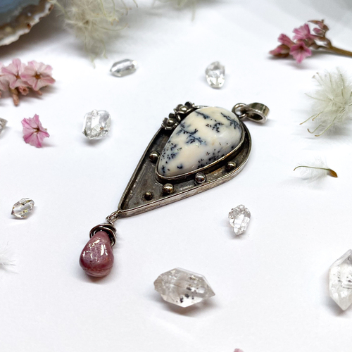 Dendritický opál a růžový turmalín ~ stříbrný přívěs   1