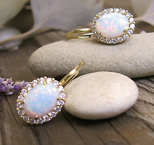 Náušnice žluté zlato ~ opál se zirkony 1