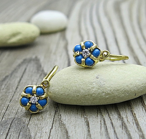 Tyrkys dětské náušnice žluté zlato ~ zirkon 1