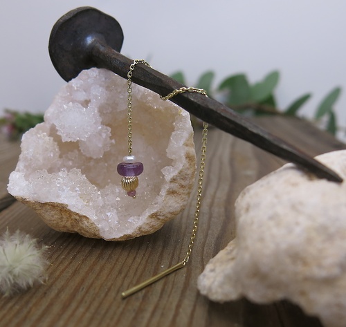 Provlékací náušnice ametyst, perla ~ žluté zlato Provlékací náušnice ametyst, perla ~ žluté zlato 1