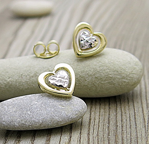 Náušnice, žluté a bílé zlato -srdíčka  1