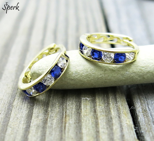 Zlaté náušnice kruhy, žluté zlato s čirými a modrými zirkony 1