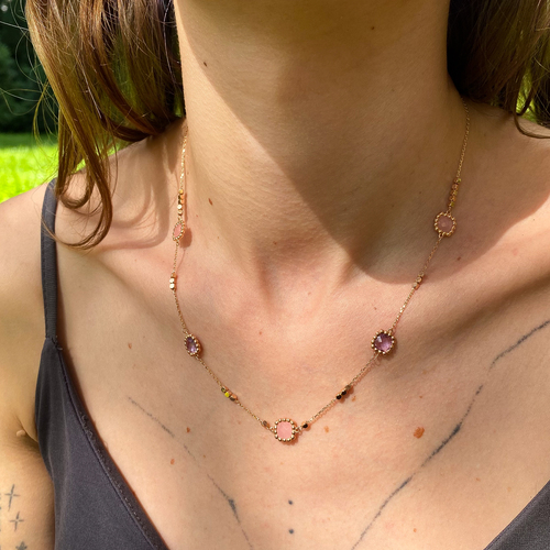 Náhrdelník s růženínem a ametystem ~ růžové zlato  1