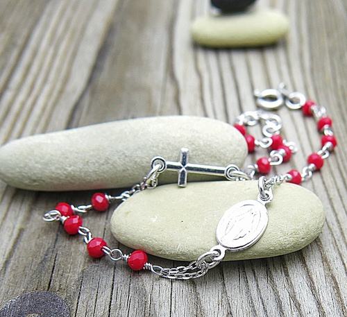 Stříbrný náramek růženec ~ červené kuličky Stříbrný náramek růženec ~ červené kuličky 1