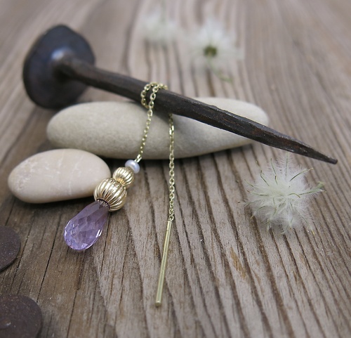 Provlékací náušnice ametyst, perla ~ žluté zlato Provlékací náušnice ametyst, perla ~ žluté zlato 1