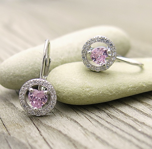 Růžové srdce a zirkony ~ stříbrné náušnice 1
