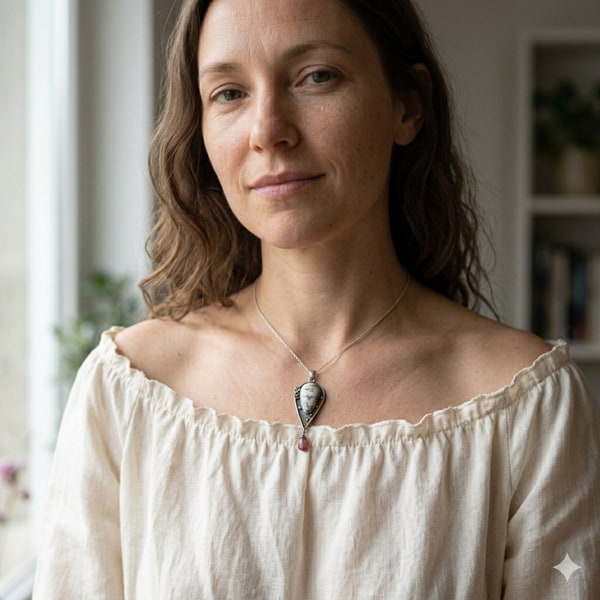 Turmalín přívěsek ručně kovaný, zdobí ženu